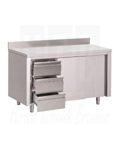 Gastro M werktafel met 3 laden links, schuifdeuren en achteropstand 85x100x70cm
