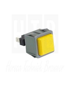 Drukschakelaar tastend inbouwmaat 28,5x28,5mm geel 1NO 250V aansluiting vlaksteker 6,3mm 16A, 15859