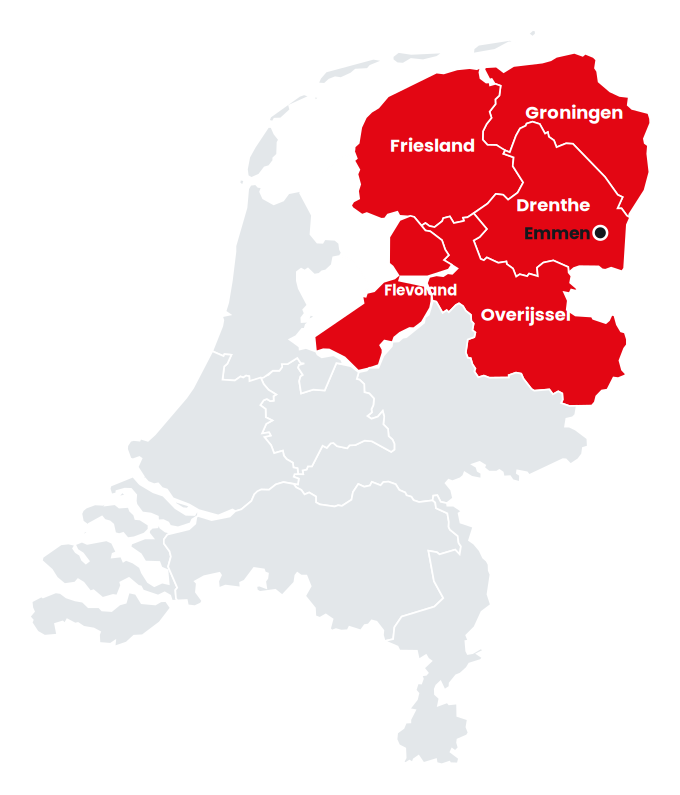 Kaart van het werkgebied van HTB Emmen: Groningen, Friesland, Drenthe, Overijssel en Flevoland